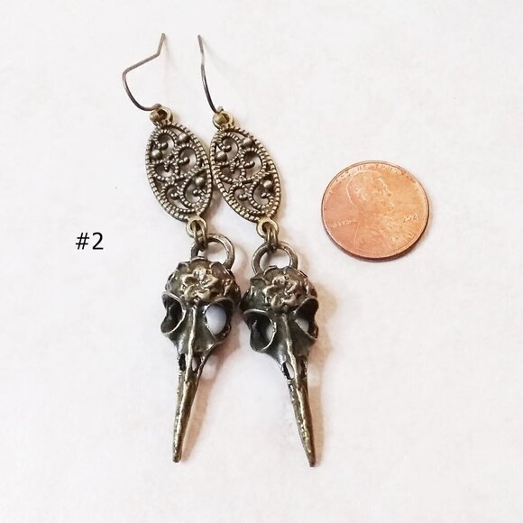 Bronze Bird Skull Earrings - Goth Pagan Raven Crows Occult Forest Witch Goddess - Picture 1 of 7